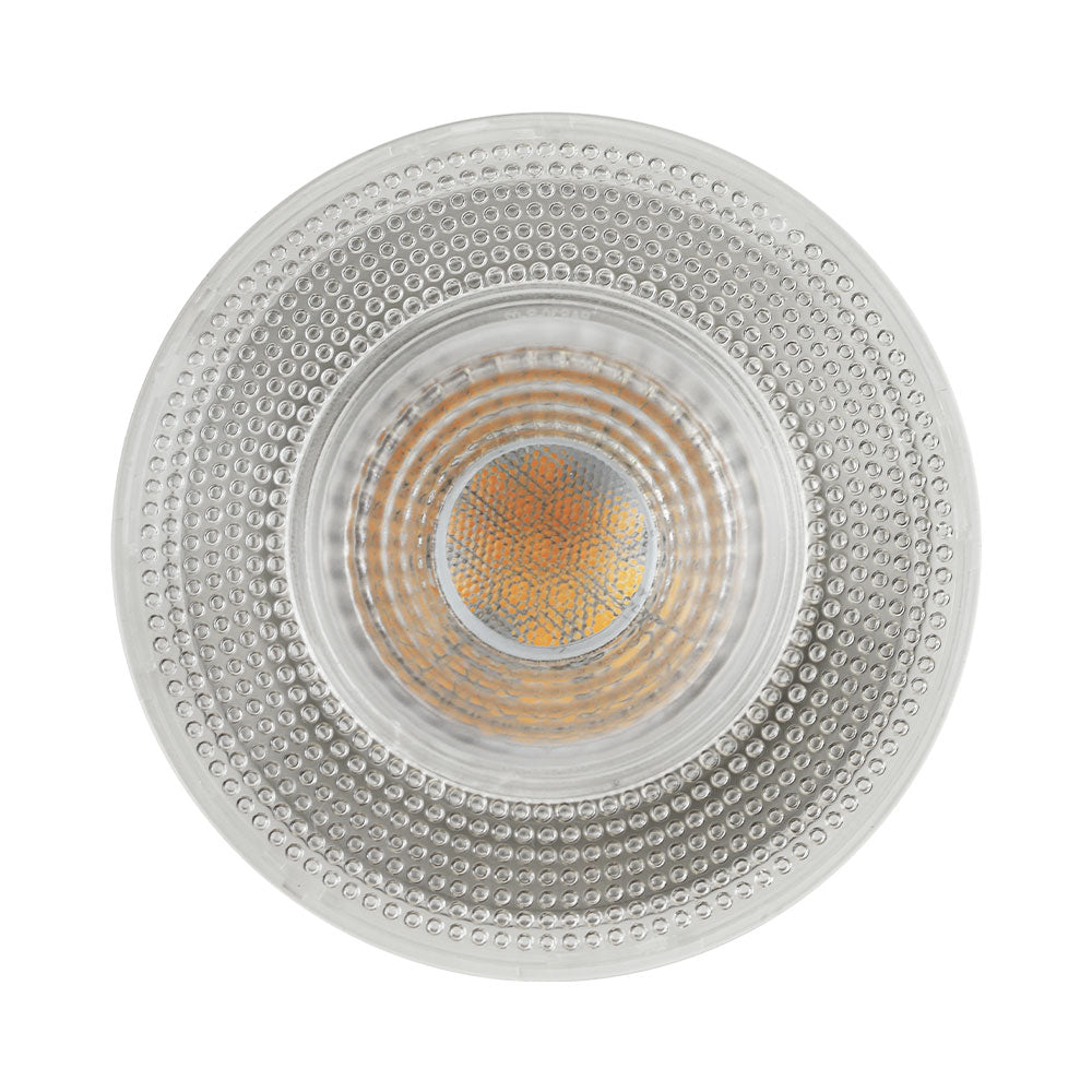 A close-up of a PAR30 LED bulb, emitting uniform illumination. Ideal for ambient lighting or general-purpose applications. 900 lumens, 10W, 120V. Energy-efficient and long-lasting. Suitable for wet locations. Dimensions: 3.74"D x 4.56"H. Warranty: 3 years.