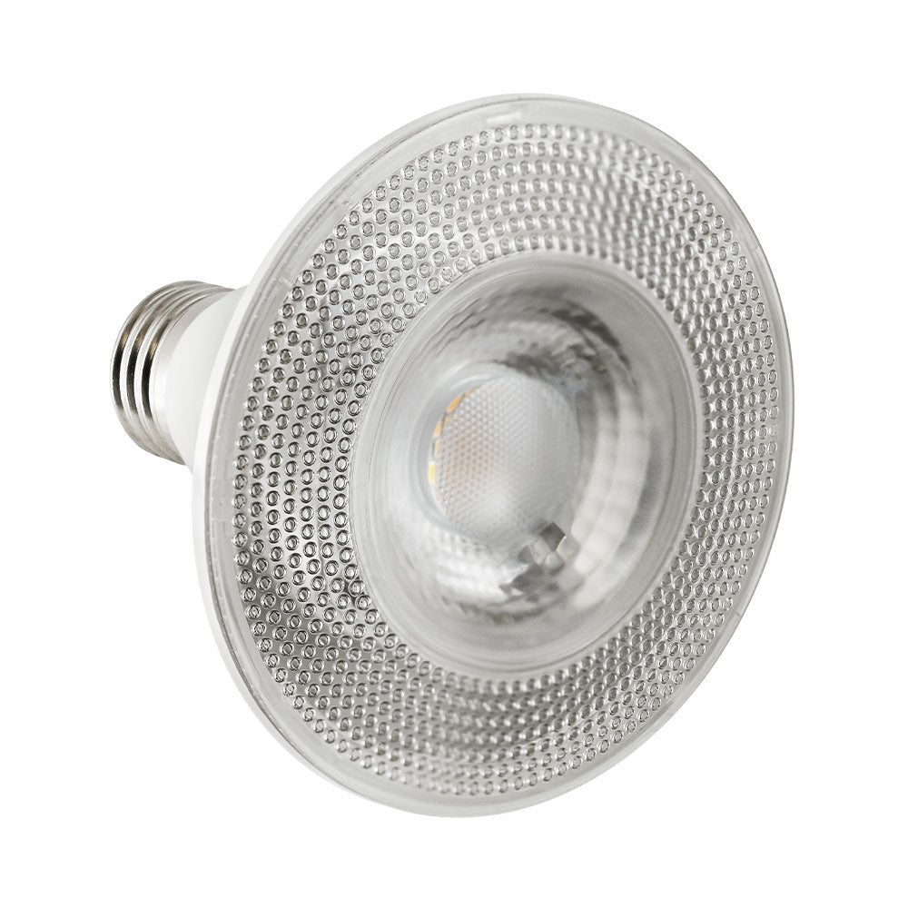 Angled front/bottom view of a PAR30 short-neck LED bulb showing the lens surface and compact reflector profile; 120V lamp rated 11W producing 975 lumens with 90+ CRI, dimmable operation, medium E26 base, and compliance markings for CEC, JA8, and California Title 24 plus ENERGY STAR certification.