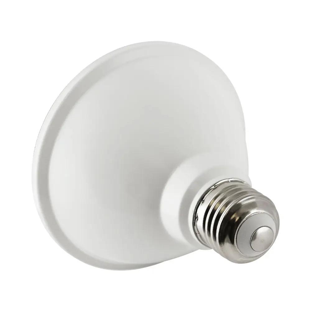 A white LED PAR30 short neck bulb with a silver base, delivering 975 lumens of brightness. Ideal for ambient lighting or general-purpose applications, replacing 75W incandescent bulbs. Brand: Euri Lighting. 11W, 120V, dimmable, medium E26 base. UL Listed, Energy Star Rated. 3.74"D x 3.62"H. 25,000 rated hours. 3-year warranty.