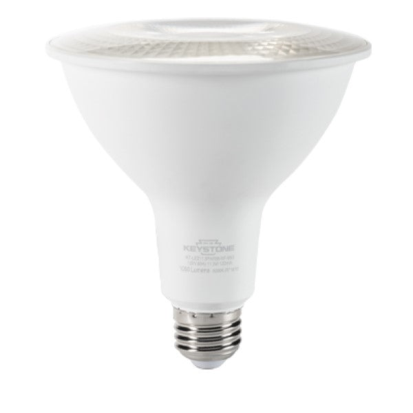 A Keystone Technologies PAR38 LED light bulb with 1000 lumens, 25,000-hour lifespan, and energy savings up to 80%. UL listed for damp and wet locations, suitable for indoor or outdoor use.