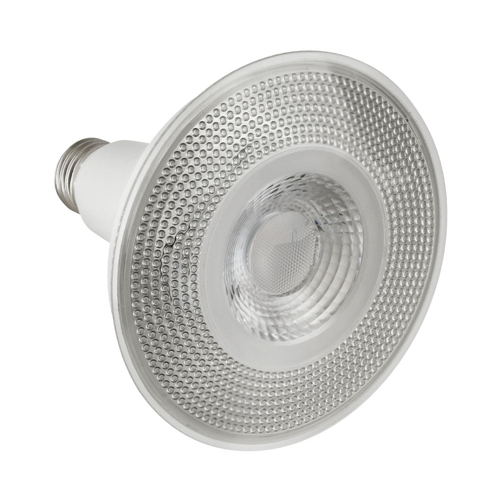 Angled top view of the PAR38 LED bulb highlighting the front lens and reflector profile; 15W, 1250 lumens, 80 CRI, dimmable, E26 medium base, Energy Star rated, 120V.