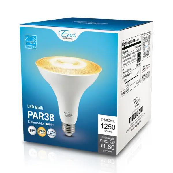 Retail packaging photo showing the 2700K PAR38 LED bulb; 15W, 1,250 lm, 80 CRI, dimmable, medium E26 base, Energy Star rated, 120V.