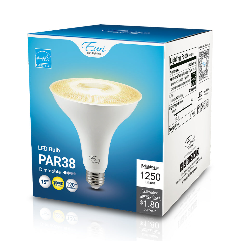 Packaged 3000K PAR38 LED bulb (retail packaging view); 15W, 1,250 lumens, dimmable, 80 CRI, medium E26 base, ENERGY STAR rated, 120V.
