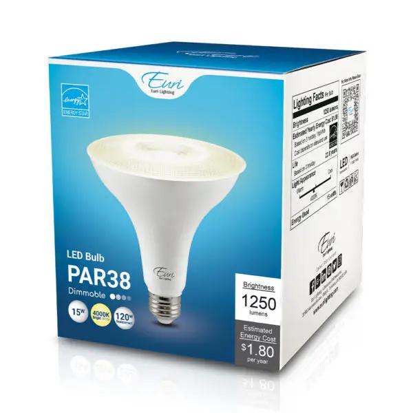 Retail box packaging for the 4000K PAR38 LED bulb; 15W, 1,250 lumens, dimmable, 80 CRI, medium E26 base, ENERGY STAR rated, 120V.