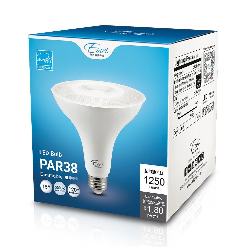 Packaged 5000K PAR38 LED lamp (retail carton view); 15W input, 1,250 lm output, dimmable, 80 CRI, medium E26 base, ENERGY STAR rated, 120V.