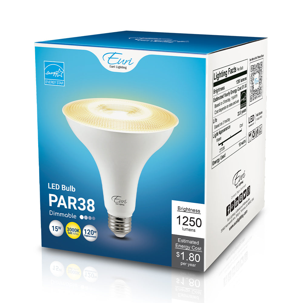 PAR38 LED Bulb, a box with a light bulb on it, delivering 1250 lumens of brightness, energy-saving, and long-lasting performance. Ideal for ambient lighting or general-purpose applications. Brand: Euri Lighting. Wattage: 15W. Input Voltage: 120V. Lamp Type: LED. CRI: 80. Dimmable: Yes. Base: Medium E26. Certifications: UL Listed, Energy Star Rated. Safety Rating: Damp Location. Dimensions: 4.72"D x 5.07"H. Rated Hours: 25,000. Warranty: 3 Years.