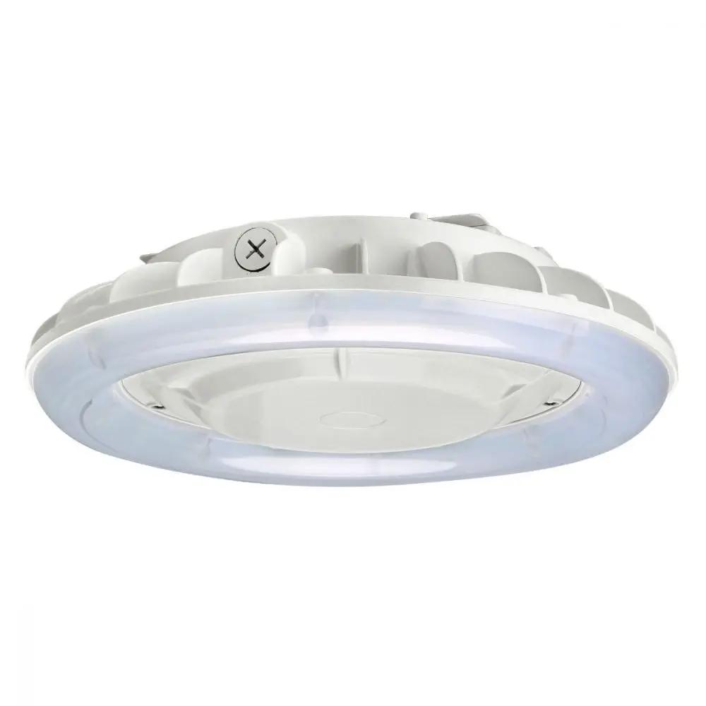 Parking garage LED canopy light with compact IP65 housing for low-ceiling covered areas; 120–277V input, 0–10V dimming, 27W output (3,550 lumens).