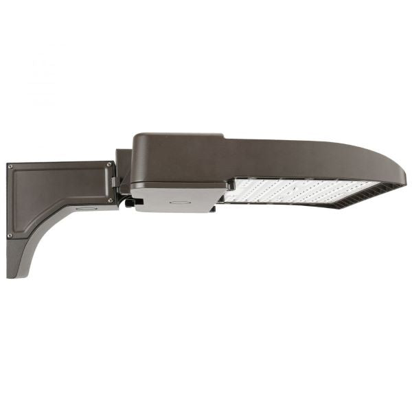 Parking Lot Lighting Fixture: A close-up of a slim, grey rectangular object emitting bright light. Ideal for parking lots, garages, and general area lighting. 28000 lumens, 200W LED, 4000K/5000K color temperature, UL Listed, FCC Compliant, RoHS Compliant, IP65 Rated, DLC Premium Listed. 10-year warranty.