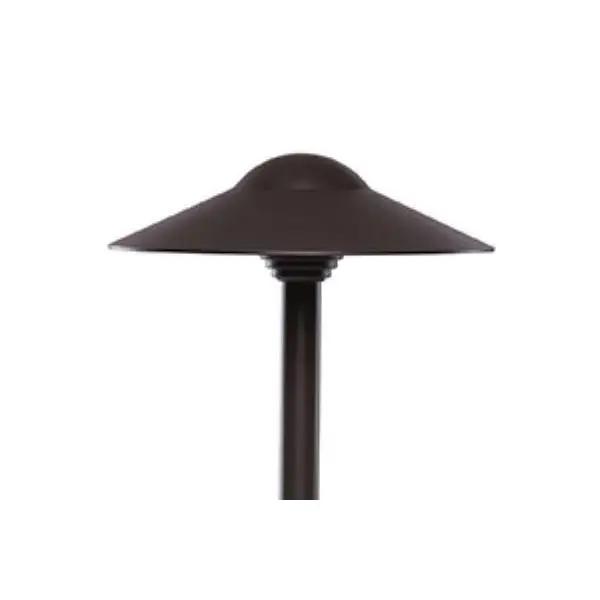 A Sollos Lighting Path Landscape Light, a black lamp post with a round top, perfect for illuminating pathways and walkways. 20W, 12V, T3 bulb type, dimmable, ETL Listed, wet location rated. 5-year warranty.