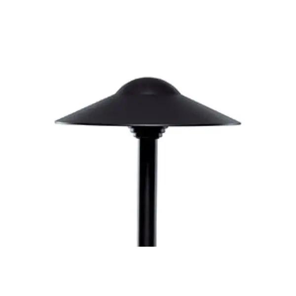 A Sollos Lighting Path Landscape Light, a black lamp post with a round top, perfect for illuminating pathways and walkways. 20W, 12V, T3 bulb type, dimmable, ETL Listed, wet location rated. 5-year warranty.