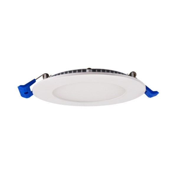 A Lotus LED Lights recessed light fixture with a thin, airtight design. Delivers powerful LED light downward through a round, frosted diffuser. Dimmable and installs with snap spring clips. 