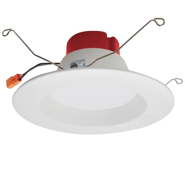 A close-up of a white and red light fixture, providing 850 lumens of CCT switchable white light. This recessed lighting retrofit trim offers color temperature options of 2700K, 3000K, 3500K, 4000K, or 5000K. Ideal for bedrooms, kitchens, and closets. Brand: ELCO Lighting.