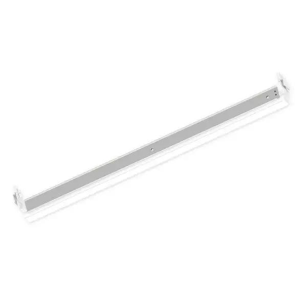 Recessed Linear Lighting Fixture: A white metal bar with two screws, designed for ultimate flexibility. Provides 1300 lumens of light output. Compatible with any t-grid ceiling.