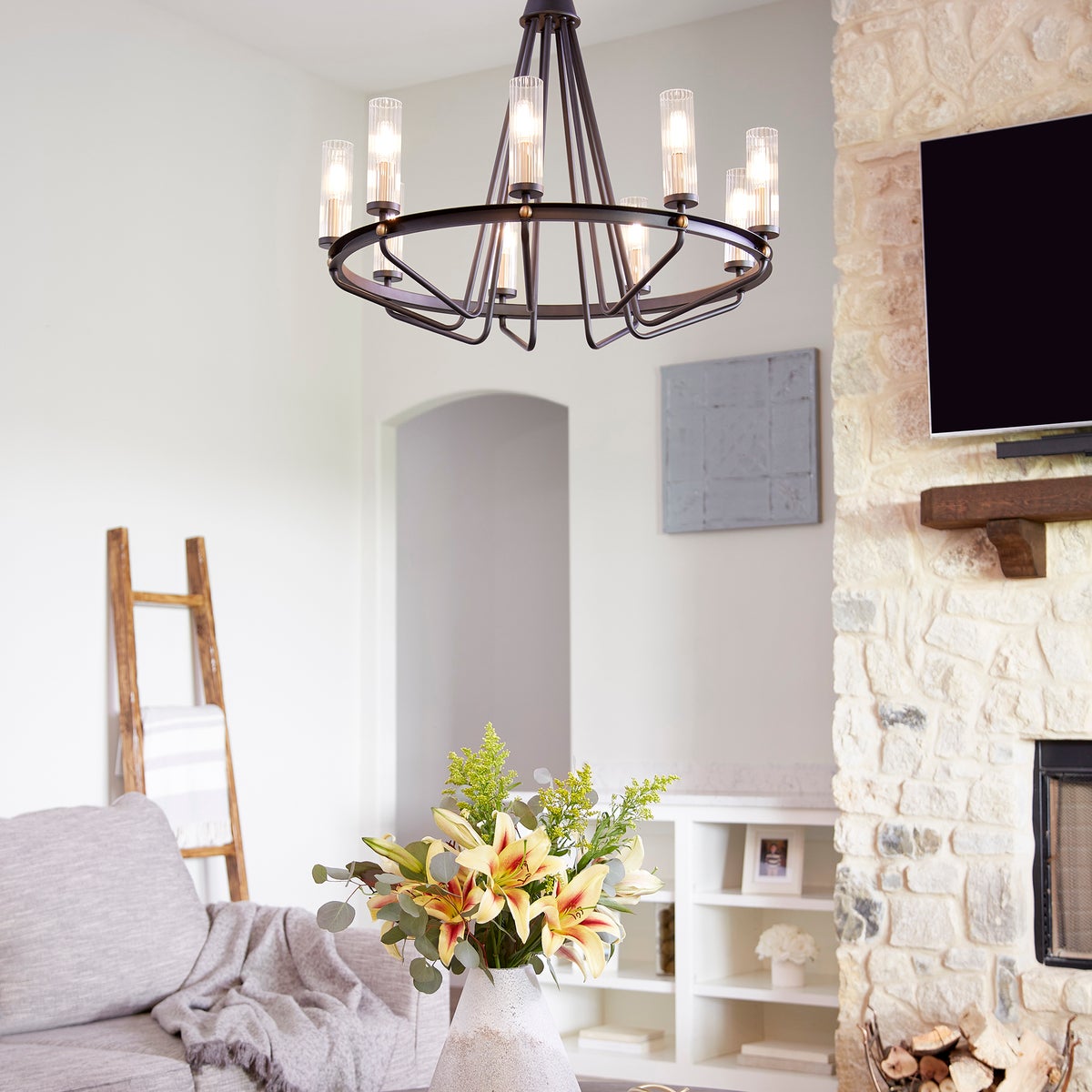 Ring Chandelier in a living room, providing radiant lighting. Modern design enhances energy in any interior space.