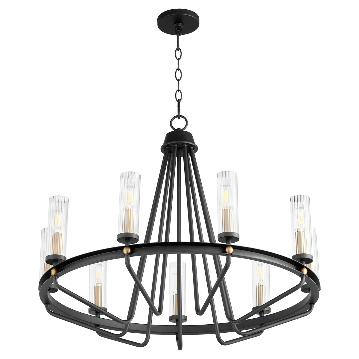 A black chandelier with clear glass bulbs, exuding interior extravagance. Enhance any space with this modern ring chandelier&#39;s radiant lighting quality. Quorum International&#39;s Ring Chandelier, 30&quot;W x 25&quot;H, 9 bulbs, dimmable, UL Listed.