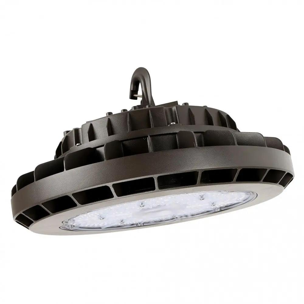 Round High Bay LED light with 29000 lumens output. Robust cast aluminum housing for harsh environments. Easy hook mounting and pendent installation. Ideal for gymnasiums, factories, warehouses, and more. 10-year warranty.