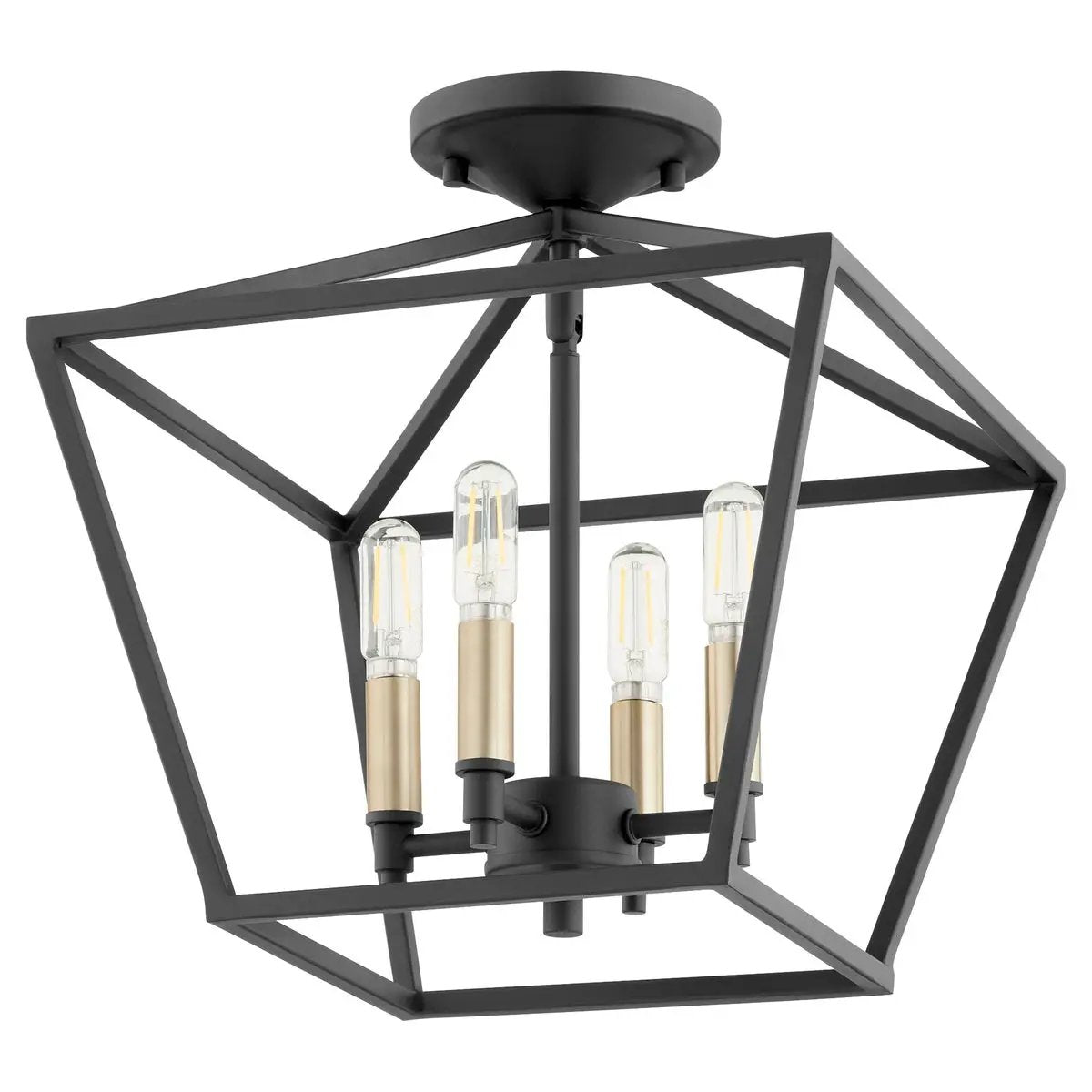 Semi Flush Farmhouse Light with black and gold ceiling design, perfect for modern-farmhouse kitchens or traditional living rooms. Candelabra bulbs provide ample illumination. Dimensions: 13"W x 13.75"H. Fits well with distressed natural woods and whitewashed floors.