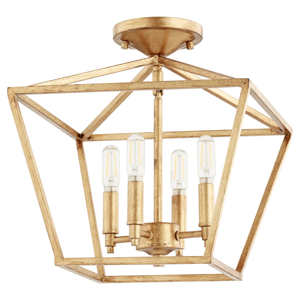 A gold chandelier with four candelabra bulbs, perfect for farmhouse charm in your kitchen or living room. 13"W x 13.75"H.