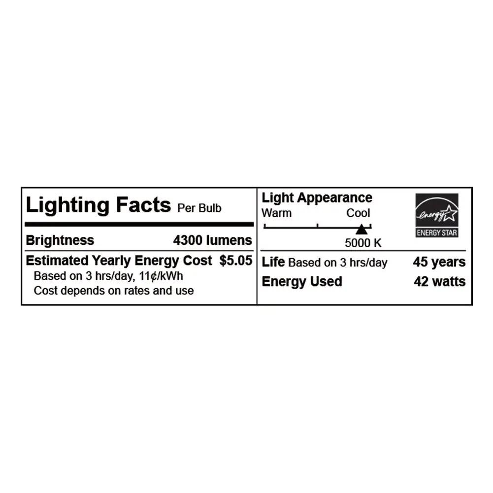 Shop Light: A label with a light bulb, providing 4300 lumens of 5000K white light. Aluminum construction with a white finish. Linkable for garages, workshops, and warehouses. 42W LED, 120V input voltage, UL Listed, 5-year warranty. Dimensions: 47.08"L x 5.88"W x 2.75"H.