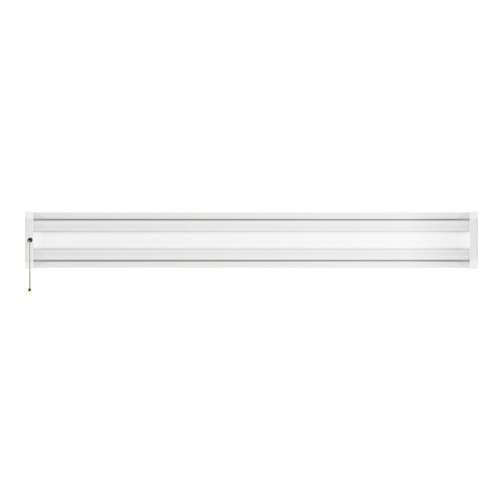 Shop Light: A white rectangular object with a tassel, providing 4300 lumens of 5000K white light. Ideal for garages, workshops, and warehouses. Linkable up to 10 units for a maximum run of 40 feet.