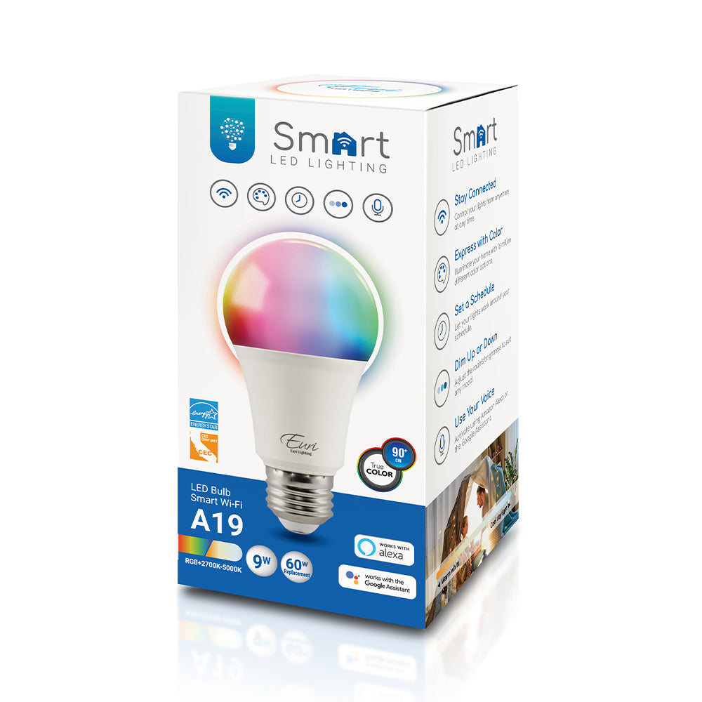 Retail box photo for a smart A19 Wi-Fi LED bulb, showing the packaging and printed specifications for dimmable control, tunable white (2700K–5000K) plus RGB color, 810-lumen output at 9W, 90+ CRI, medium E26 base, ENERGY STAR rating, and 120V input.