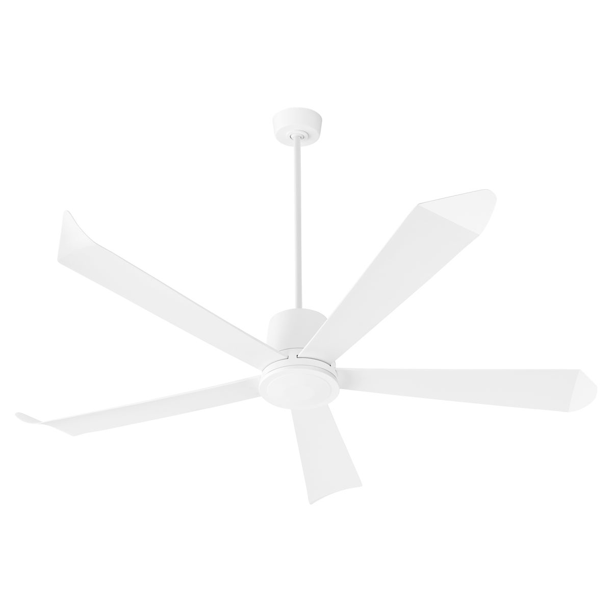 A smart ceiling fan with elongated blades and optional light kits, perfect for elevating any room. Brand: Quorum International. Motor Size: DC-165NM. Watts: 26/19/15/11/8/5. Amps: .30/.24/.20/.15/.11/.08. RPMs: 90/82/74/60/59/52. Number of Blades: 5. Blade Pitch: 13 Degrees. Certifications: UL Listed. Safety Rating: Damp Location. Finish: Aged Brass, Matte Black, Satin Nickel, Studio White. Dimensions: 15"H x 72"W. Warranty: Limited Lifetime.