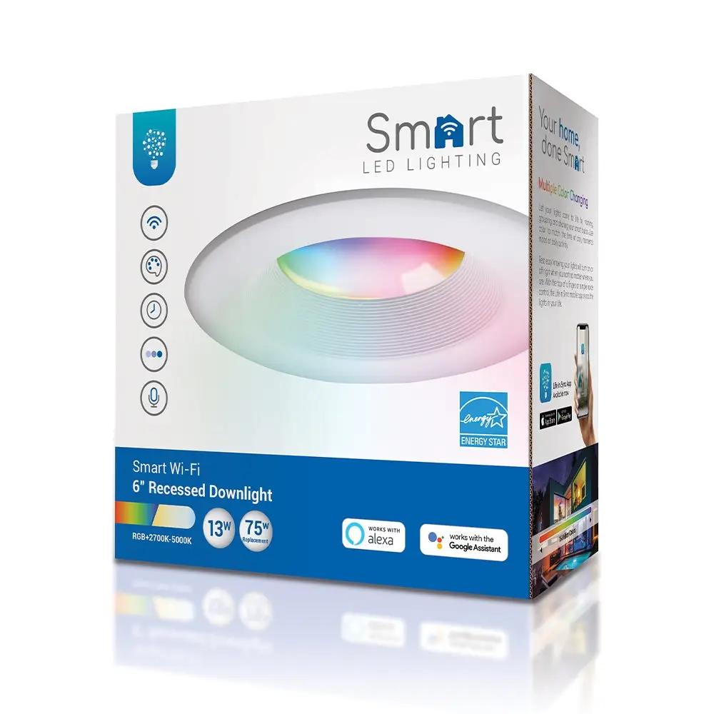 Smart Recessed Lighting: A box with a light bulb, rainbow colored light, and a colorful object. Control it from anywhere with Wi-Fi technology. Turn on/off, choose colors, and dim with voice commands.