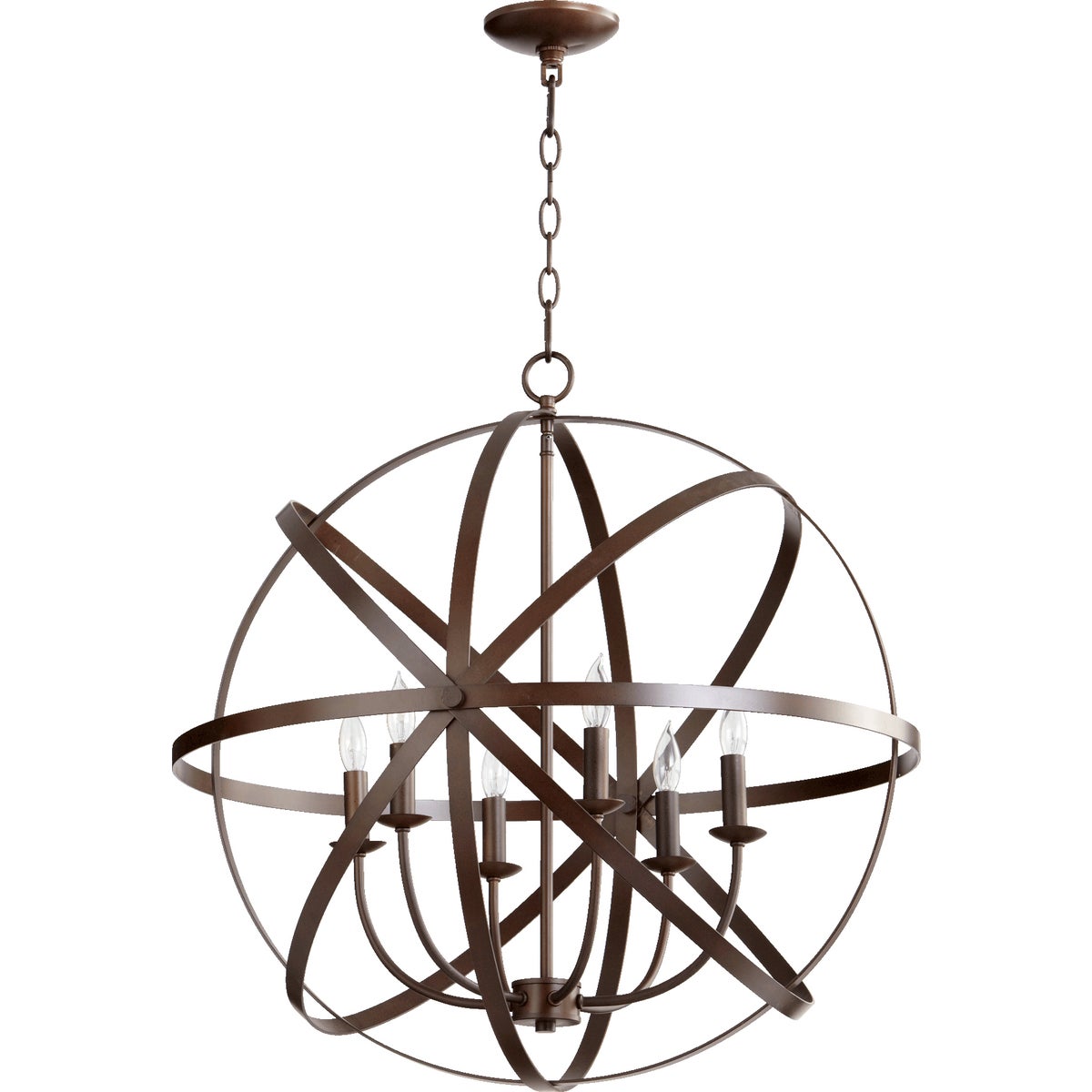 A modern sphere chandelier with metal rings and candelabra lights, perfect for brightening any space. Brand: Quorum International.
