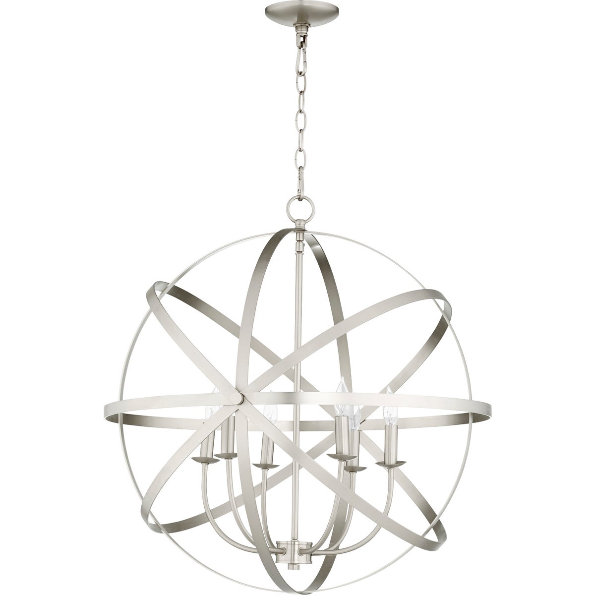 A modern sphere chandelier with strategically placed metal rings and candelabra lights. Illuminate any space with this Quorum International Sphere Chandelier.