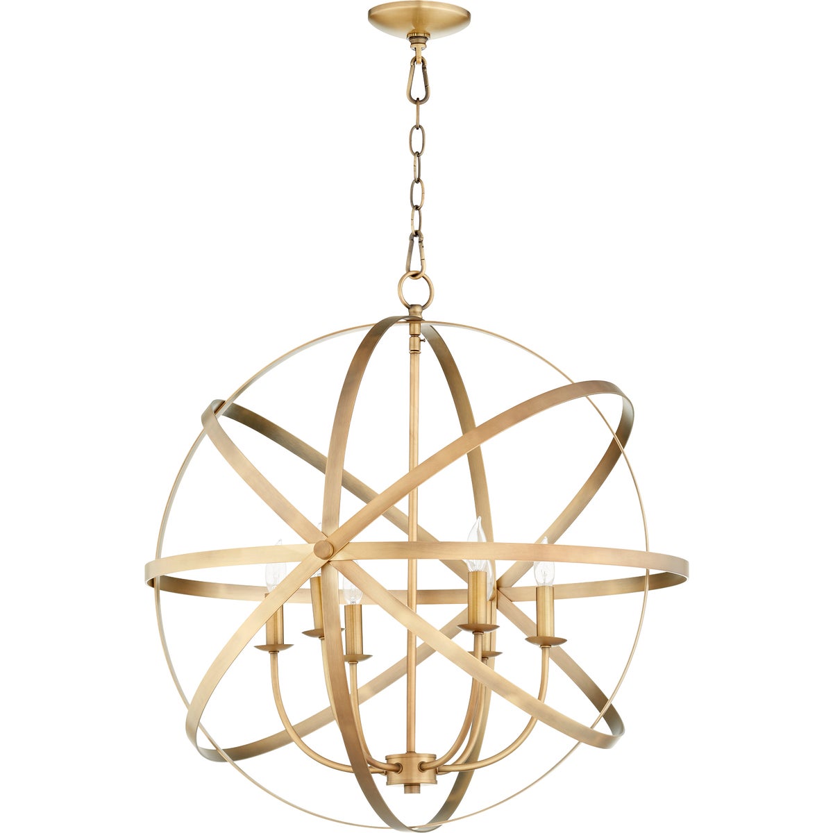 A futuristic gold sphere chandelier with strategically placed metal rings and candelabra lights. Illuminate any space with this modern Quorum International Sphere Chandelier.