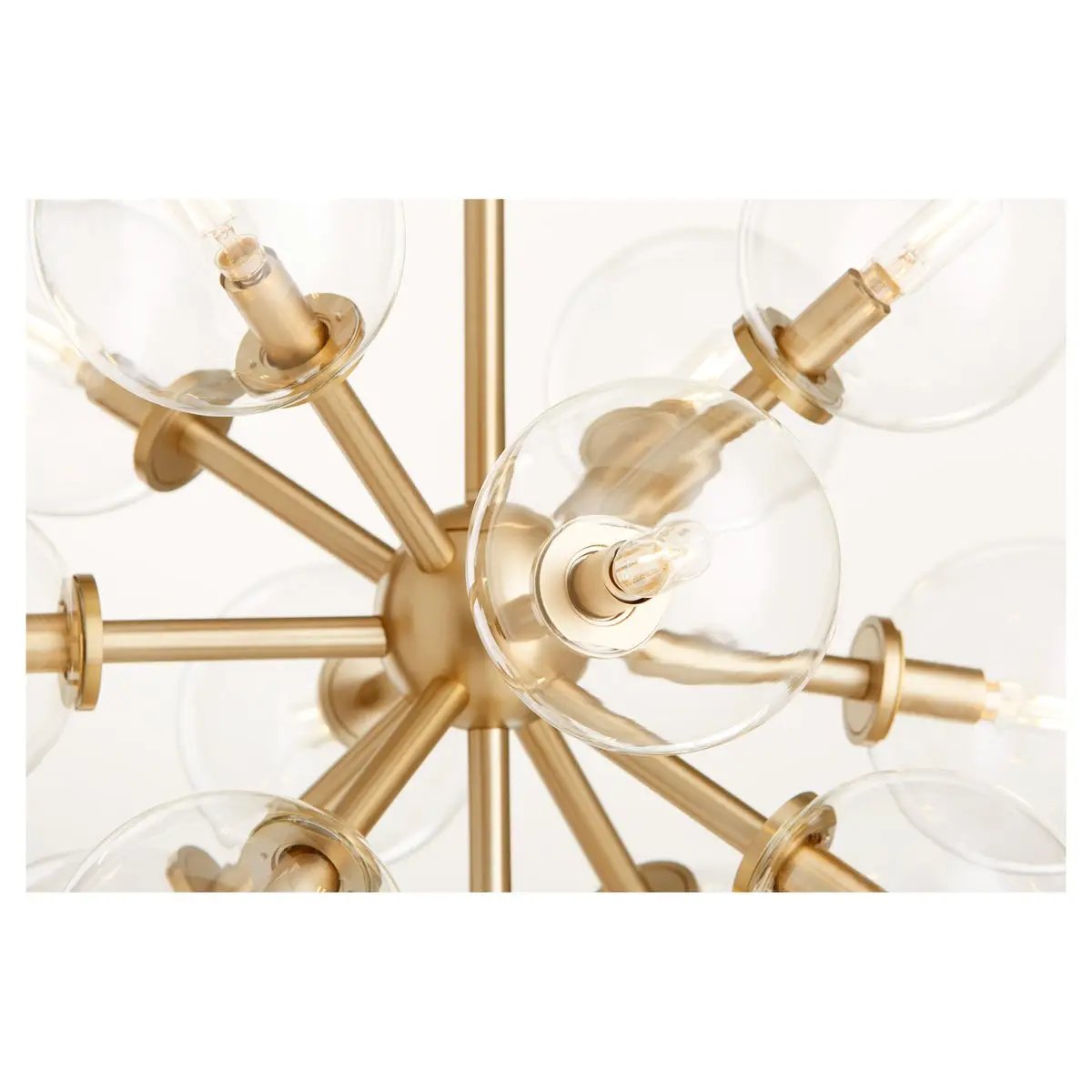 Sputnik chandelier with clear glass domes and aged brass frames, adding mid-century modern appeal. 13 bulbs, 60W, dimmable. UL Listed. 26"W x 22"H.