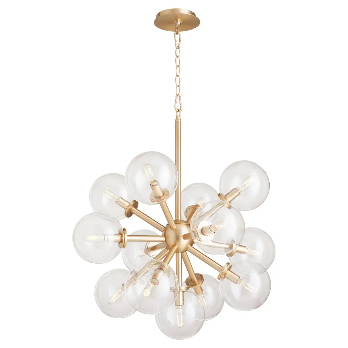 Sputnik chandelier with clear glass domes and aged brass frames, adding mid-century modern appeal. 13 bulbs, 60W, dimmable. UL Listed. 26&quot;W x 22&quot;H.