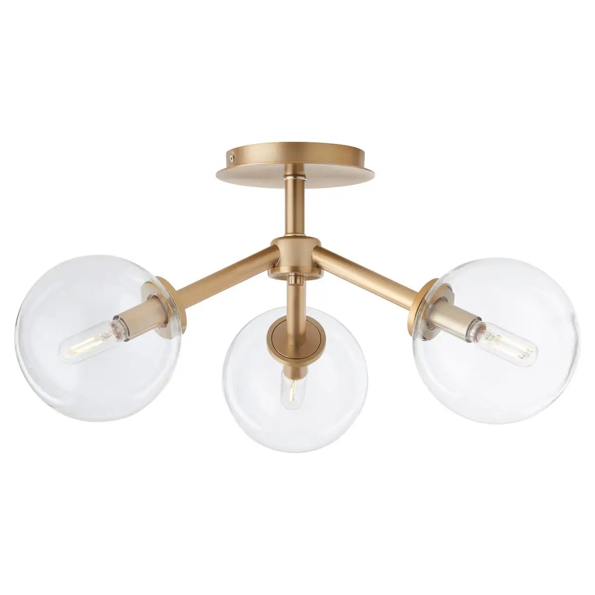 Sputnik Flush Mount Ceiling Light with clear glass globes and aged brass frames. Mid-century modern appeal. 3 bulbs, 60W, dimmable. UL Listed. 21"W x 10.5"H.