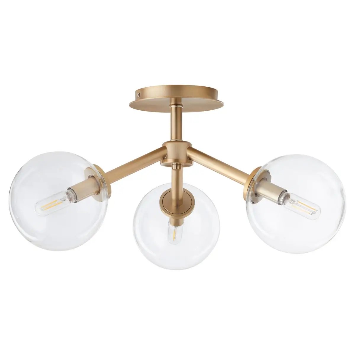 Sputnik Flush Mount Ceiling Light with clear glass globes and aged brass frames. Mid-century modern appeal. 3 bulbs, 60W, dimmable. UL Listed. 21"W x 10.5"H.