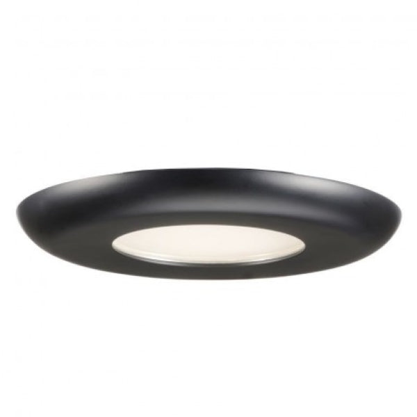 A black surface mount recessed light fixture with a white light, ideal for ceilings with limited space. Provides 650 lumens of output.