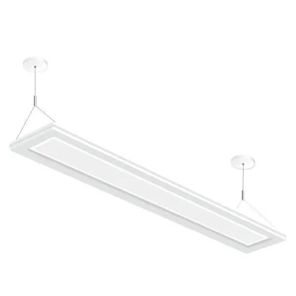 Suspended Linear Light Fixture with advanced LED optical system, creating a floating light illusion. 4ft, 4254 lumens, 40W, dimmable. UL Listed, DLC Standard Listed. 47.24"L x 7.87"W x 0.94"H.