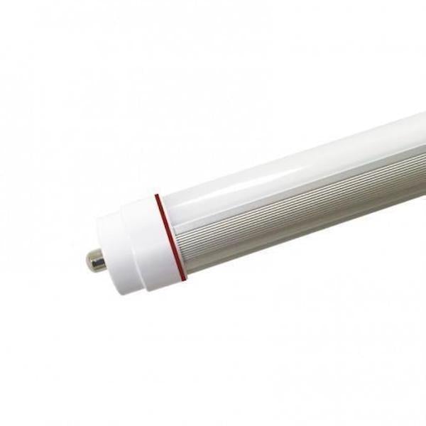 T8 8ft LED Bulb, a close-up of a bright light bulb. Ideal for converting outdated fluorescent bulbs to LED, reducing energy consumption by almost 50%. 5000 lumens, 43W, 120-277V input voltage. Single Pin Fa8 base. cULus Listed, RoHS Compliant. 5-year warranty.