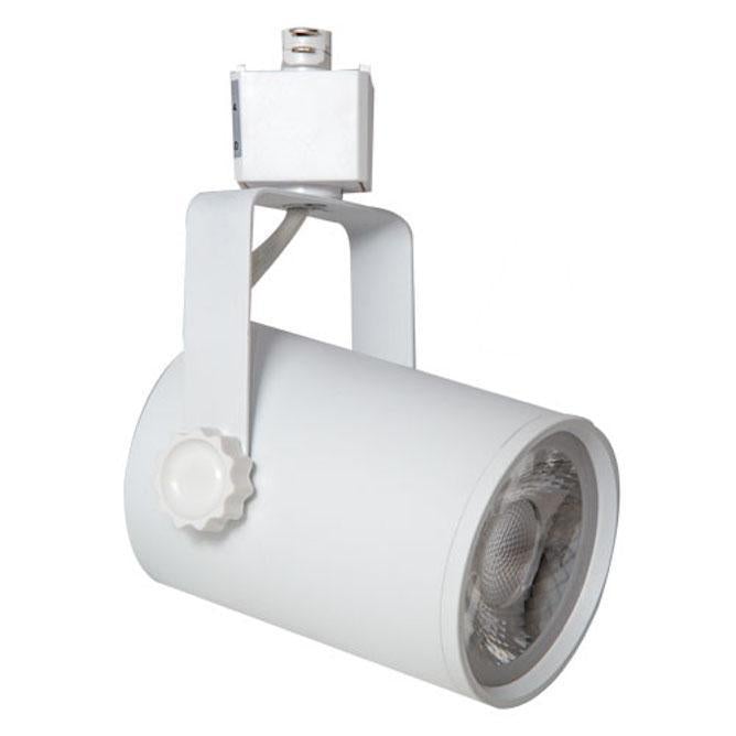 Track LED Lighting Fixture: A sleek white light fixture with a handle and pole, providing 1600 lumens of directional illumination. Made from die-cast aluminum, it offers 358° horizontal rotation and 90° vertical aiming. Perfect for any indoor space.