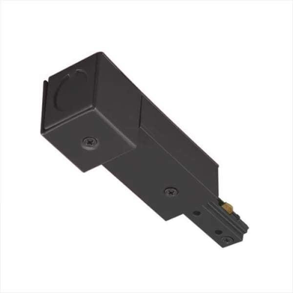 Track Light Conduit Power Feed: A black rectangular object with screws, designed to feed a single circuit track section with standard 1/2 inch conduit, starting a surface run.
