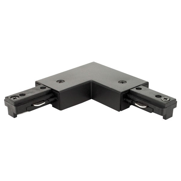 Track Light Corner Connector - A black square object with screws and a black corner with screws. Designed to join or feed two single circuit track sections together for a 90º turn. Field adjustable for right or left hand polarity. Ideal for cable, electronics, and connector applications. From ELCO Lighting.
