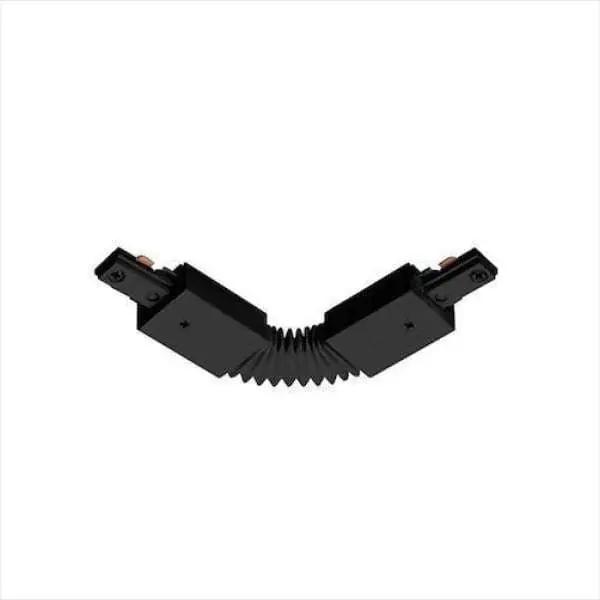 Track Light Flexible Connector: A black cable with a curved end and a black fan-shaped object. Connect or feed two single circuit track sections at up to a 90º angle in either plane. Includes a knock-out for use as a feed point.