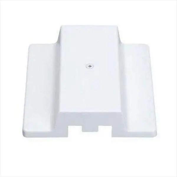 Track Light Floating Power Feed: A white plastic object with a hole and a screw, designed to connect single circuit track to an outlet box along the track. Includes a knock-out that can be used as a feed point.