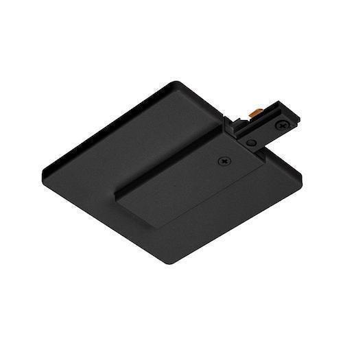 Track Light Junction Box Power Feed: A black rectangular object with a metal connector. Designed with an attached junction box cover, it starts a run of single circuit track. Includes necessary mounting hardware.