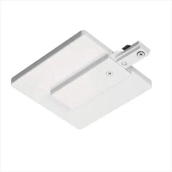 Track Light Junction Box Power Feed: A white rectangular object with a black screw and handle. Designed with an attached junction box cover for starting a run of single circuit track. Includes necessary mounting hardware.