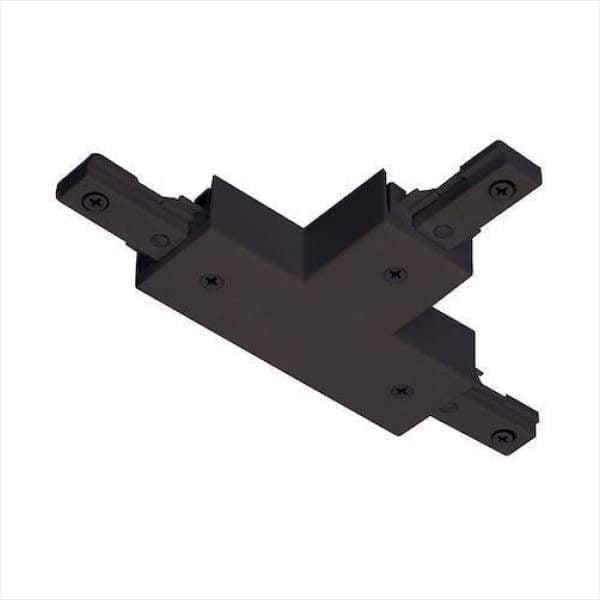 LEGO Track Light T Connector, a black piece of electrical equipment with a black metal corner and two screws. Designed to join or feed three single circuit track sections together for a T-configuration. Field adjustable for right or left hand polarity. Brand: ELCO Lighting.