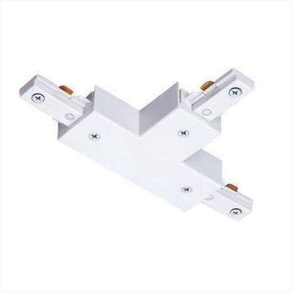 Track Light T Connector: A white electrical device with screws, designed to join or feed three single circuit track sections together for a T-configuration. Field adjustable for right or left hand polarity.