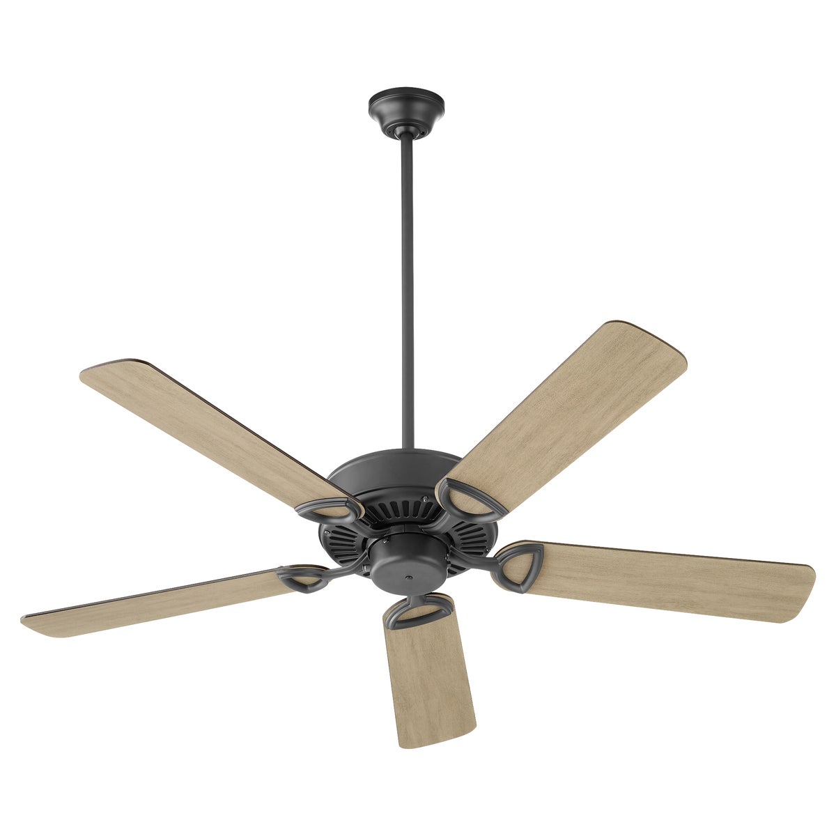 Traditional Ceiling Fan with Wooden Blades, a classic design that complements wooden items in your rooms. Brand: Quorum International. Motor Size: 153x15. Watts: 66/29/9. Amps: .58/.39/.21. RPMs: 175/104/58. Number of Blades: 5. Blade Pitch: 14 Degrees. Certifications: UL Listed. Safety Rating: Dry Location. Dimensions: 12"H x 52"W. Warranty: Limited Lifetime.