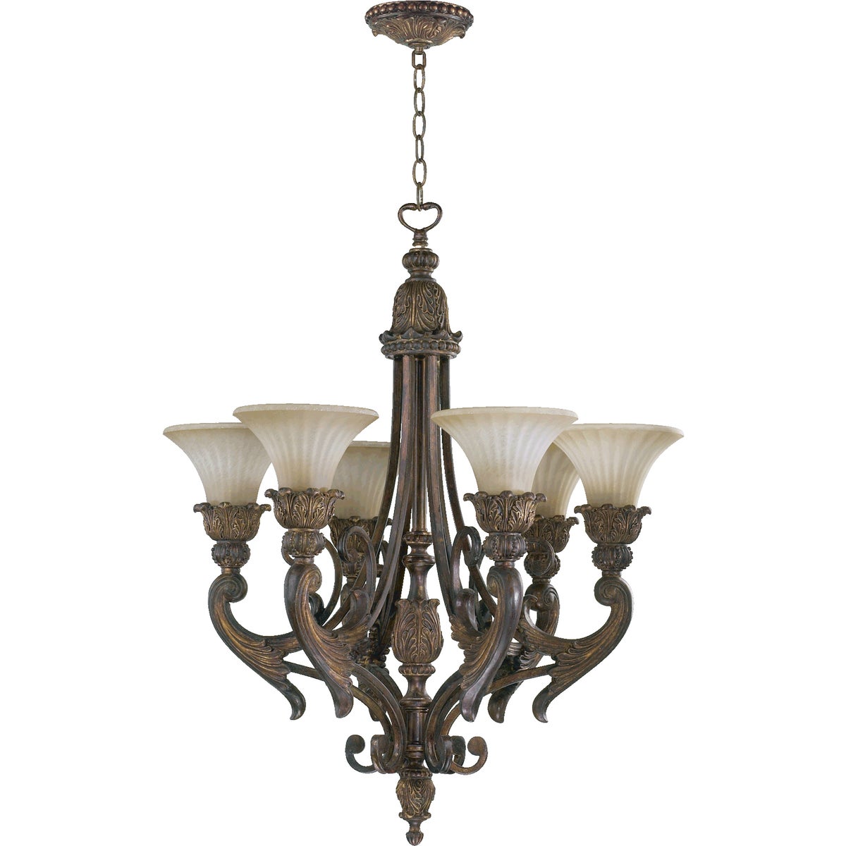 A traditional chandelier with a corsican gold finish, featuring ornate wood and bronze detailing.