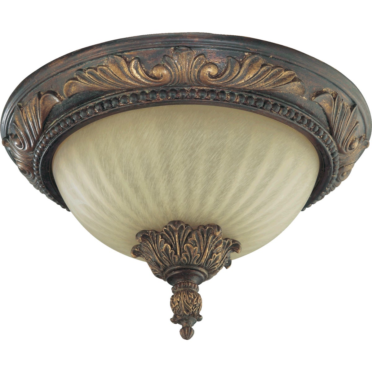 Traditional Flush Mount Light with corsican gold finish, showcasing ornate wood and bronze detailing. Cast structure, 2 bulbs, 60W, 120V. UL Listed, Damp Location. 13.5"W x 8.75"H.
