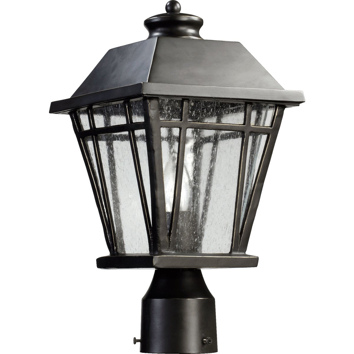 Traditional Outdoor Post Light with clear glass panes and a vintage frame. Adds rustic charm to your outdoor space. Old World finish and decorative curve complete the timeless design. Perfect for wet locations. 8&quot;W x 15&quot;H. 100W. UL Listed. 2-year warranty.